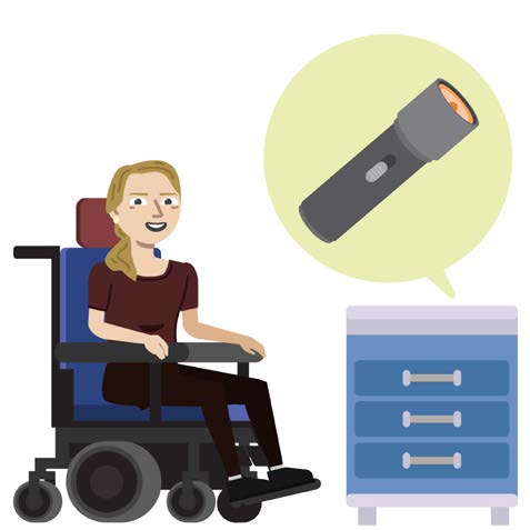 An illustration of a light haired girl in a wheelchair, a set of blue drawers, and a torch above in a light green bubble.